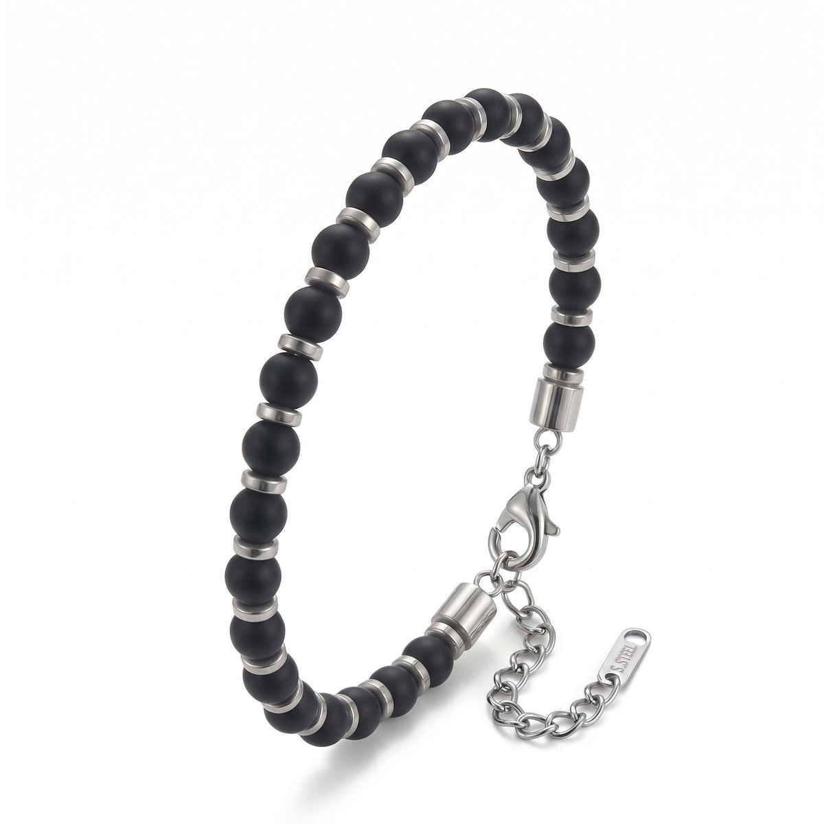 Niki Leather Siyah Oniks & Beyaz Hematit Taşlı Ayarlanabilir Çelik Erkek Bileklik 40132B10D11