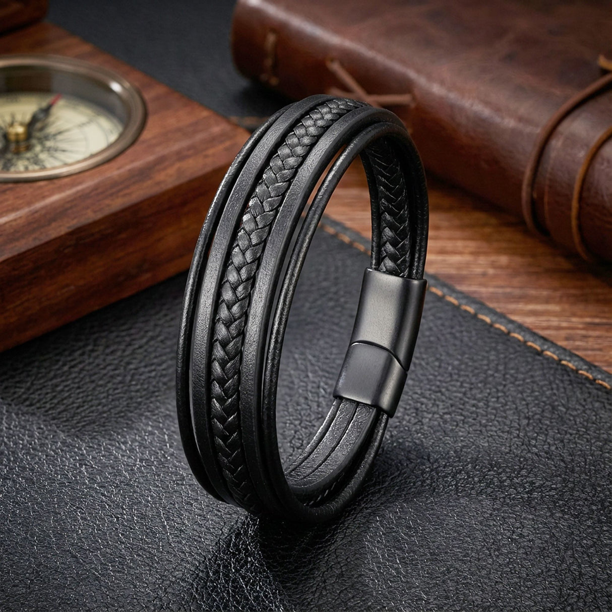 Niki Leather Siyah Tüp Örgü Ve Çoklu Deri Bileklik - Zamak Kilit 38933B2D2Z