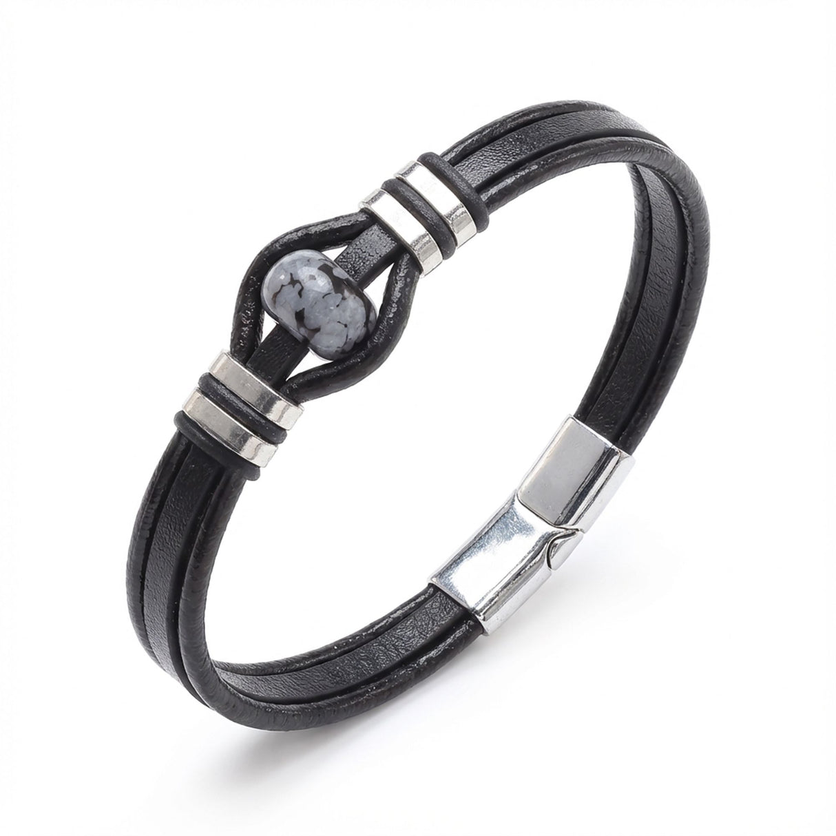 Niki Leather Snowy Obsidian Rondela Doğaltaş Ve Deri Çelik Bileklik 38932B14D8