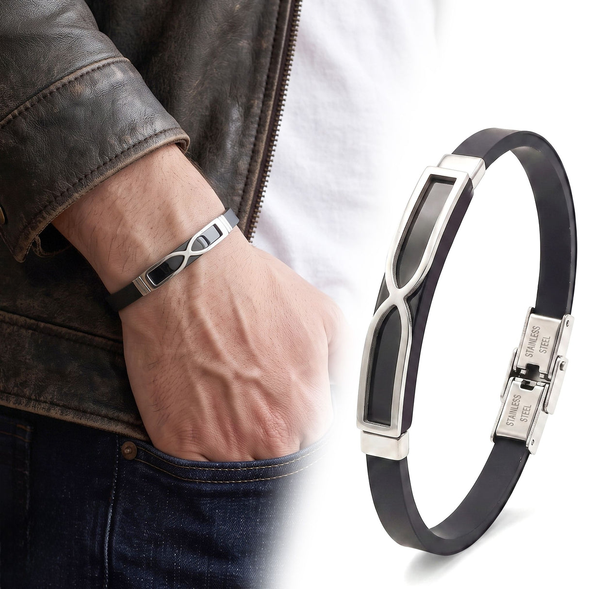 Niki Leather Sonsuzluk Desenli Erkek Çelik Bileklik 4013SCB012