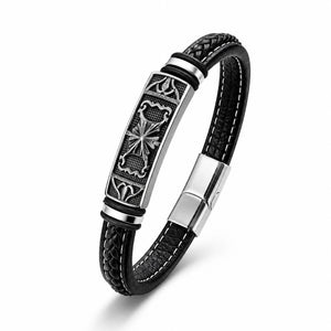 Niki Leather Şövalye Arması Motifli Çelik Kilitli Siyah Deri Erkek Bileklik 40131B8D3