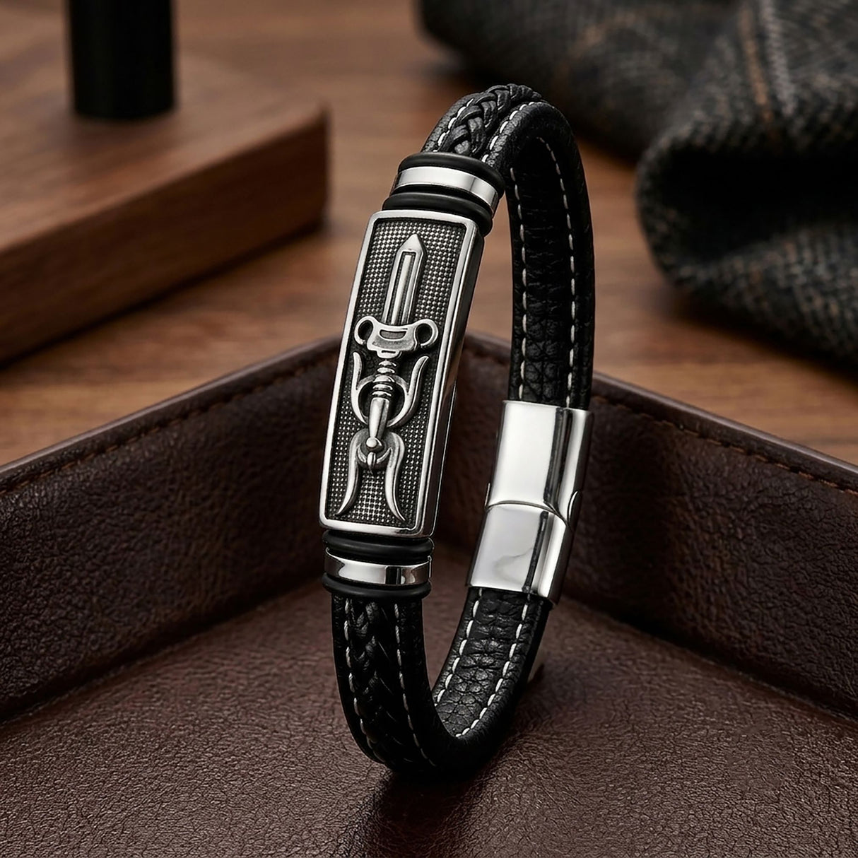 Niki Leather Şövalye Kılıcı Motifli Çelik Kilitli Siyah Deri Erkek Bileklik 40131B8D6