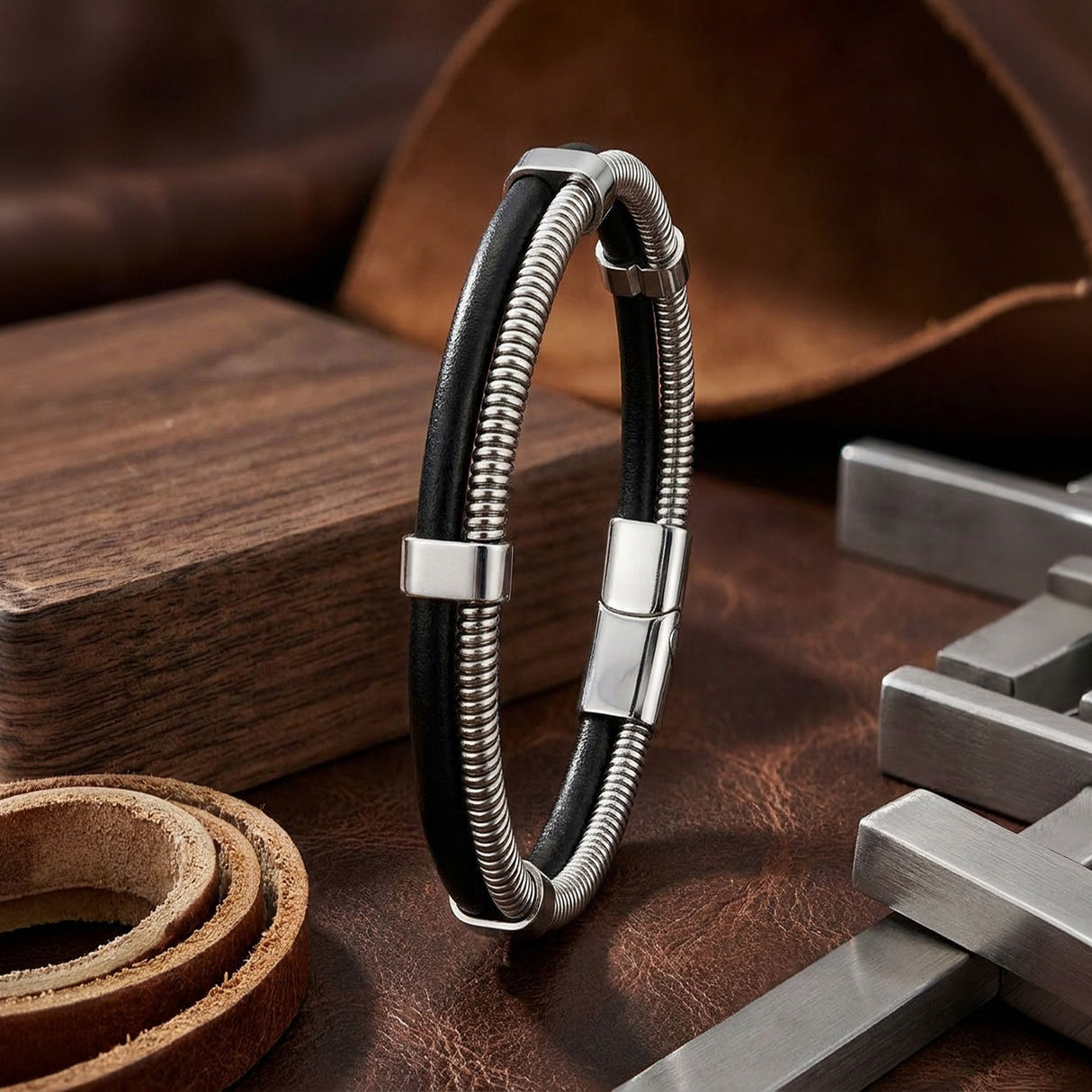 Niki Leather Spiral Çelik Zincir Ve Deri Bileklik 4013BLK1001