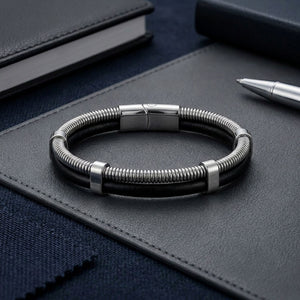 Niki Leather Spiral Çelik Zincir Ve Deri Bileklik 4013BLK1001