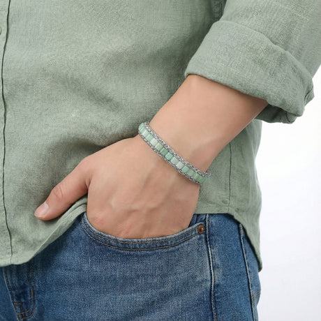 Niki Leather Yeşil Aventurin Doğal Taşlı Hasır Örgü Zincirli Erkek Çelik Bileklik 38932B28D2