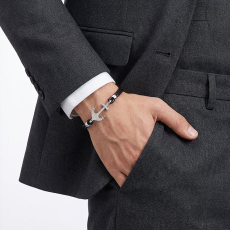 Niki Leather Zirkon Taşlı Çelik Çapa Detaylı Ayarlanabilir Deri Erkek Bileklik 38934B27D1