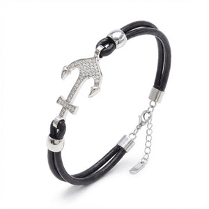 Niki Leather Zirkon Taşlı Çelik Çapa Detaylı Ayarlanabilir Deri Erkek Bileklik 40134B27D1